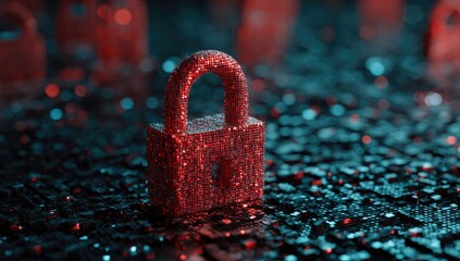 A sparkling red padlock centered amidst others, set on a circuit board, with bokeh