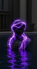 Ethereal Sculpture Radiating Purple Energy Amidst Water Reflection