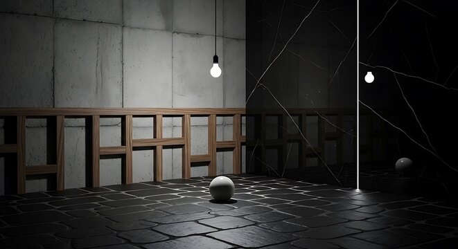 Architectural scene with bare bulb, marble slab, and minimalist backdrop
