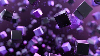 Floating shiny cubes with blurred background, vibrant purple color scheme, abstract digital art