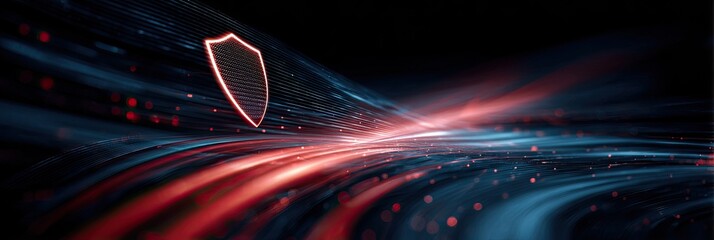 Glowing shield over a streaking digital backdrop of red and blue, resembling a futuristic highway