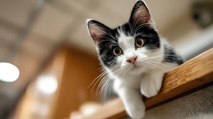 Curious black and white kitten with amber eyes peeking over wooden shelf edge, creating adorable moment in cozy home environment.