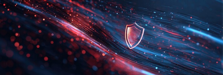 A digital security concept depicts a shield over a swirling abstract background of data streams