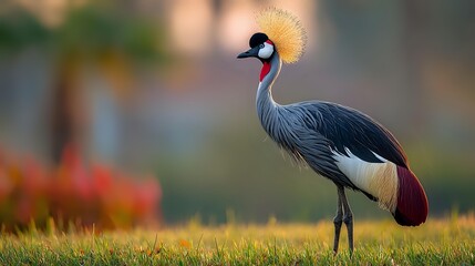 Naklejka premium Grey crowned crane with distinctive golden crest standing in lush green grass at sunset, showcasing elegant plumage and regal posture.