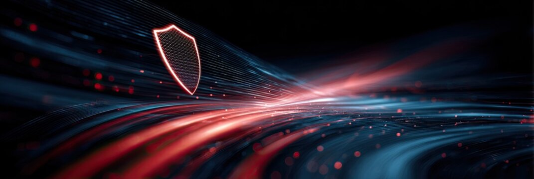 Glowing shield over a streaking digital backdrop of red and blue, resembling a futuristic highway