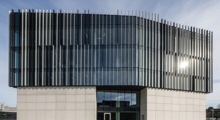 A modern office building with a curved glass facade and metal accents.