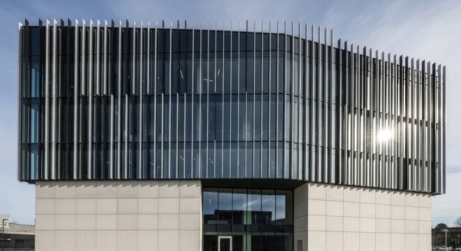 A modern office building with a curved glass facade and metal accents. - Powered by Adobe