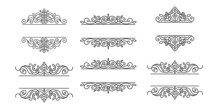 Set of Vintage decorative lines. text dividers. Line border. Lines separators, Borders, Set of various doodle style line dividers and arrow icons for design