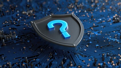 Digital rendering of a metallic shield overlaid with a blue question mark, set on a circuit board background