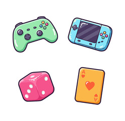Set of adorable candy-colored cartoon game and leisure icons including gamepad, handheld console, pink dice, and orange playing card.