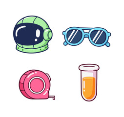 Set of cute candy-colored science and utility icons with astronaut helmet, sunglasses, measuring tape, and chemical test tube illustration.
