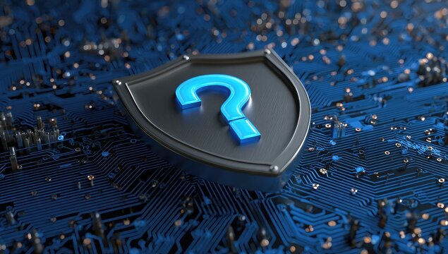 Digital rendering of a metallic shield overlaid with a blue question mark, set on a circuit board background