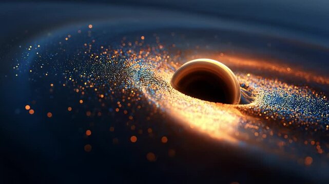 A mesmerizing cosmic scene showcasing the powerful pull of a black hole, surrounded by swirling particles and vibrant colors that illustrate the mysterious nature of space and time.