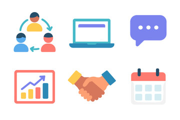 Minimal Collaborative Icons. Collaborative Work flat icon set: people circle, laptop, speech bubble, chart, handshake, calendar