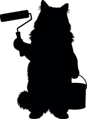 Cat painter silhouette with roller and paint can