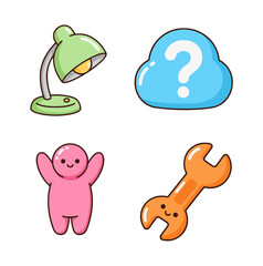 Cute candy-colored icons set: desk lamp, cloud with question mark, happy mascot character, and smiling wrench tool on white background.