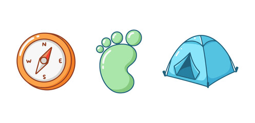Cute candy-colored travel and adventure icons set: orange compass, green footprint, and blue camping tent isolated on a white background.
