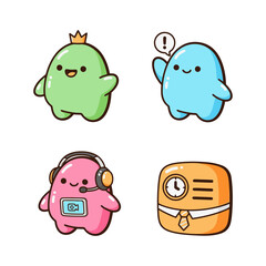 Set of cute candy-colored business and character icons: crowned mascot, assistant with idea, video call agent, and business planning block.