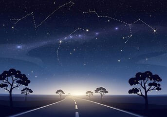Serene nighttime road scene with celestial constellations above silhouetted trees