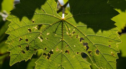 Green grape leaf riddled with insect damage holes backlit macro texture