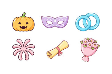 Set of cute candy-colored event and holiday icons: Halloween pumpkin, Venetian mask, wedding rings, confetti burst, diploma, and flower bouquet.