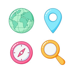 Adorable Candyland Pastel World Map and Navigation Icons Set Including Globe, Pin, Compass, and Magnifying Glass