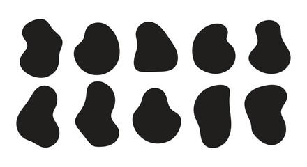 Soft fluid organic blobs and abstract irregular round forms with wavy bubble outlines, colourful doodle elements, splodge stains, minimal geometric patterns, cute retro textures, random vector frames