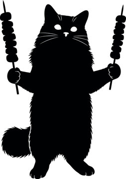 Naklejki Black cat holding skewers funny pet food illustration