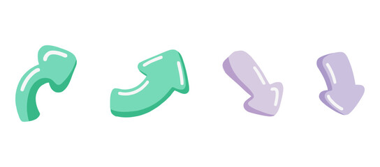 Simple Candyland Pastel Arrow Icons Set: Curved, Up-Right, Diagonal Down, and Straight Down Arrows for UI/UX Design