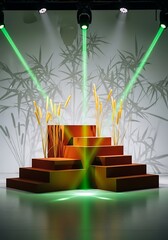 Geometric Stage with Golden Reeds and Shadows, illuminated by Green Lights
