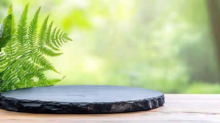 A dark, rough-edged slate pedestal rests on a wooden surface, adorned with vibrant green fern leaves on the left. The background is a soft, blurred bokeh of gre