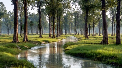 Beautiful row of tall trees lining a quiet sunlit forest creek high resolution image