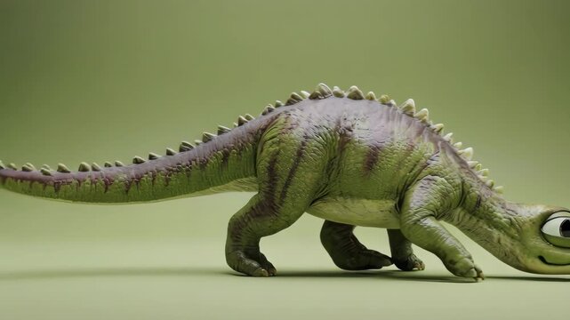 A cartoon-like dinosaur model with large eyes, on a green background