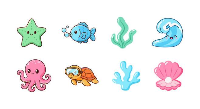 Kawaii Ocean and Sea Creatures Icon Set: Starfish, Fish, Octopus, Turtle, and Shell Illustrations in Candy Colors