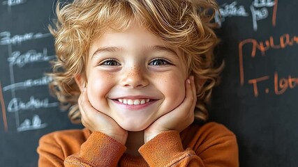 A happy young boy with curly hair smiling at the camera. Close-up portrait of a cute student in front of a chalkboard. Back to school and childhood education concept - Powered by Adobe