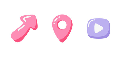 Simple Cute Pastel Color UI/UX Icon Set: Up Arrow, Location Pin Marker, and Video Play Button Illustrations