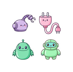 Cute Kawaii Robot and Technology Icons: Robotic Arm, Power Plug, and Two Adorable Robot Characters in Pastel Colors