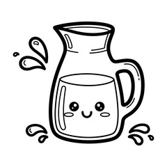 Cute Kawaii Line Art Pitcher with Happy Face and Water Splashes