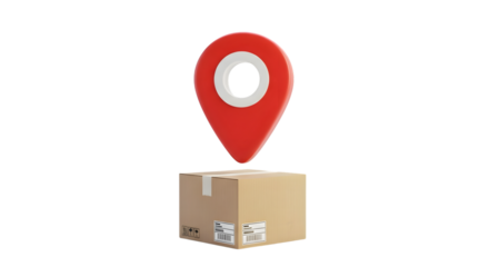 Delivery tracking concept cardboard box with red location pin on black background