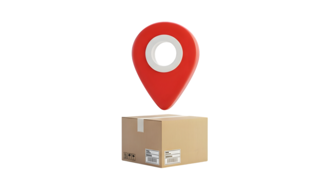 Delivery tracking concept cardboard box with red location pin on black background