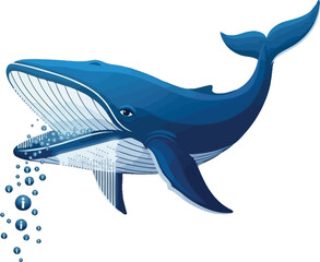 Blue whale vector illustration majestic sea animal with open mouth and bubbles isolated on white background