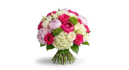 A vibrant bouquet of pink and white flowers, including roses, hydrangeas, and peonies, arranged in a lush, full arrangement.