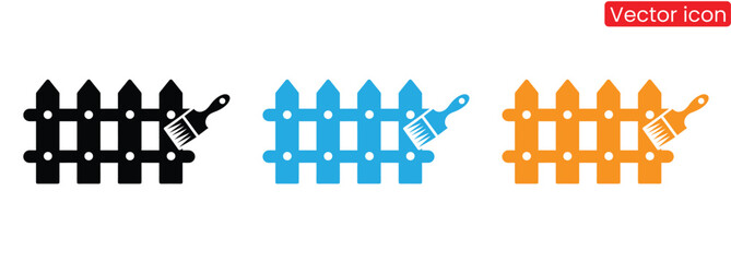 Colorful fences with paintbrushes for home improvement projects,Painting a wooden fence. Paint brush and fence icon,Painting a wooden fence. Paint brush and fence icon.Vector icon isolated,
