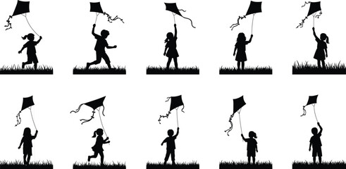 Children flying kites, silhouette outdoor play, childhood fun activity, leisure recreation, festival celebration, sky motion, grass detail, flat vector design