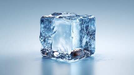 transparent ice cube isolated on sky blue background