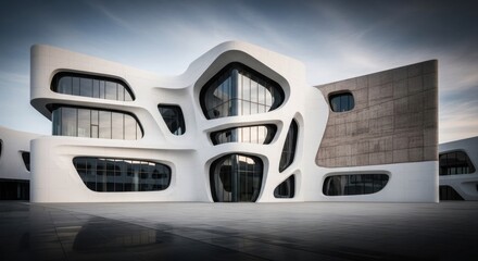 A modern architectural building with a futuristic design, featuring a white facade with geometric shapes and large glass windows.