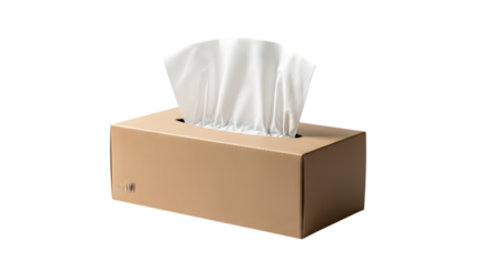 Simple brown tissue box with white tissues on a clean black background
