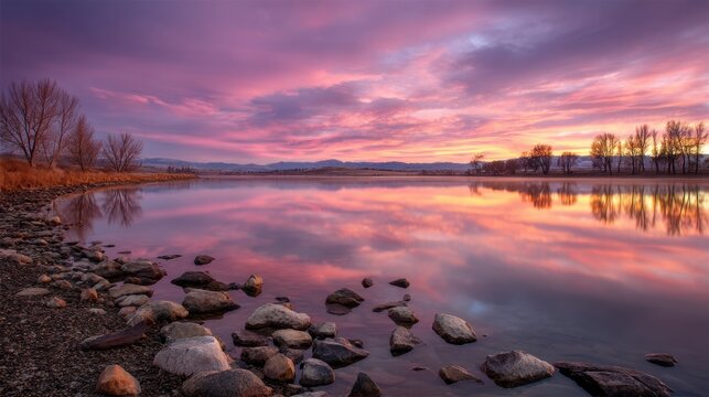 Serene Lake at Sunset with Reflective Waters, Colorful Clouds, and Rocky Shoreline Creating a Tranquil Outdoor Scene in Nature’s Beauty