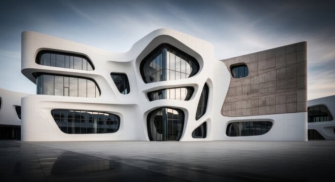 A modern architectural building with a futuristic design, featuring a white facade with geometric shapes and large glass windows.