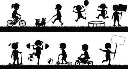 Children silhouettes playing outdoors, riding bicycle, scooter, tricycle, trampoline jumping, running, lifting weights, holding blank sign, childhood fun activities illustration